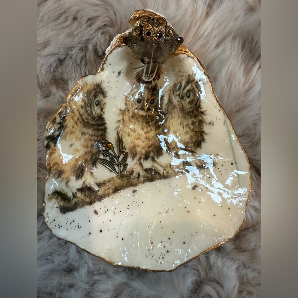 OOAK Handcrafted Ceramic Bird / OWL Plate with Gold Accents decopodge